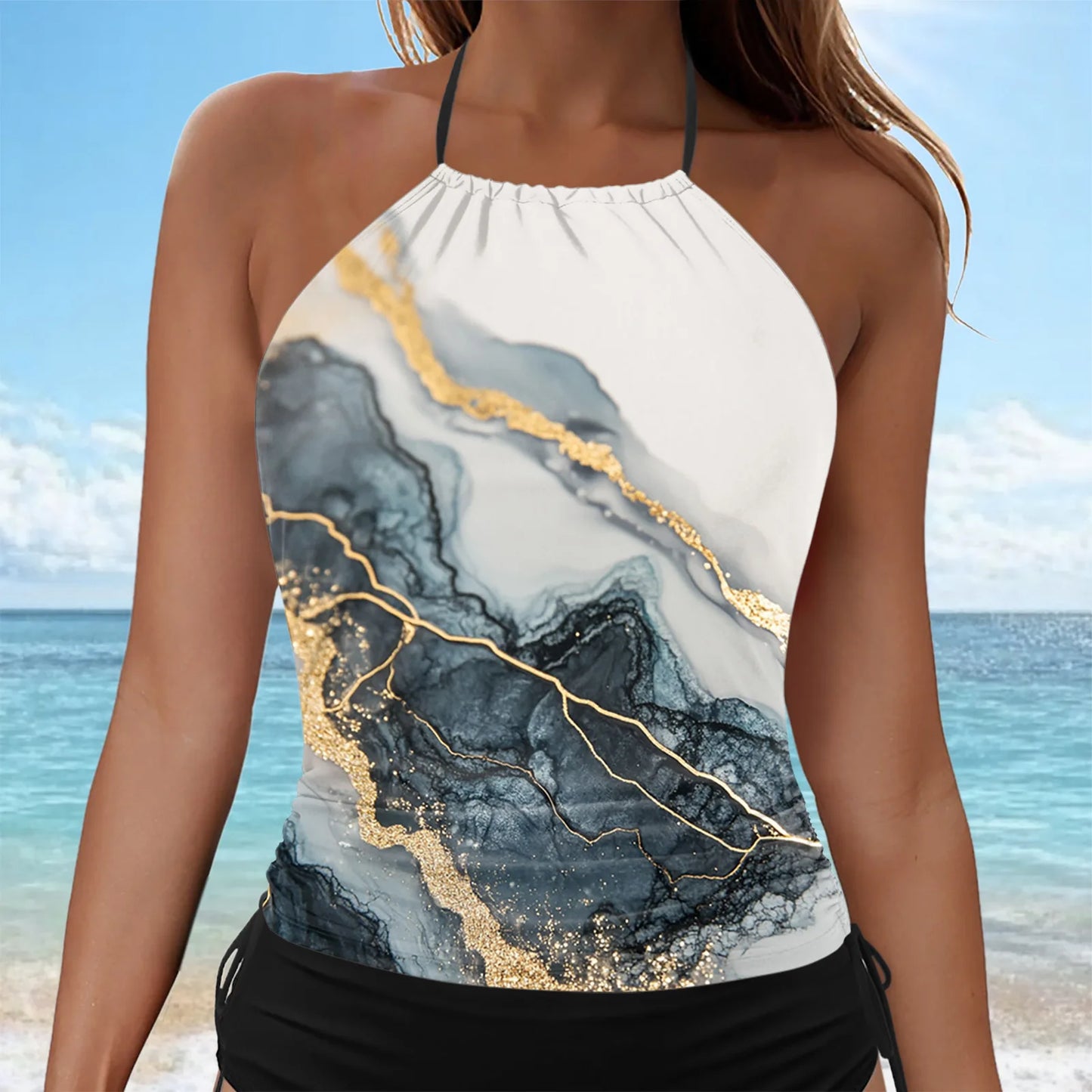 Women's Gradient Print Conservative Swimsuit Backless Hanging Neck Cover Tummy Tops Mid Waist Side Tie Shorts Tankini Swimsuit