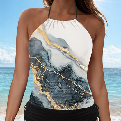 Women's Gradient Print Conservative Swimsuit Backless Hanging Neck Cover Tummy Tops Mid Waist Side Tie Shorts Tankini Swimsuit