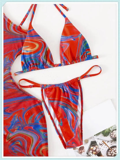 3 Piece Print Halter Triangle Bikini Sets Women Cover Up Swimwear Summer Swimsuit Female Bathing Swimming Suit Beachwear