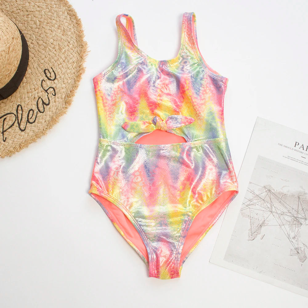 Shinning Print Summer Bow Deco Kids Girls One Piece Swimwear Swimsuit Kid Child Teen Girl Outdoor Beach Swimsuit Monokini
