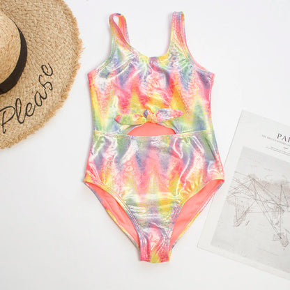 Shinning Print Summer Bow Deco Kids Girls One Piece Swimwear Swimsuit Kid Child Teen Girl Outdoor Beach Swimsuit Monokini
