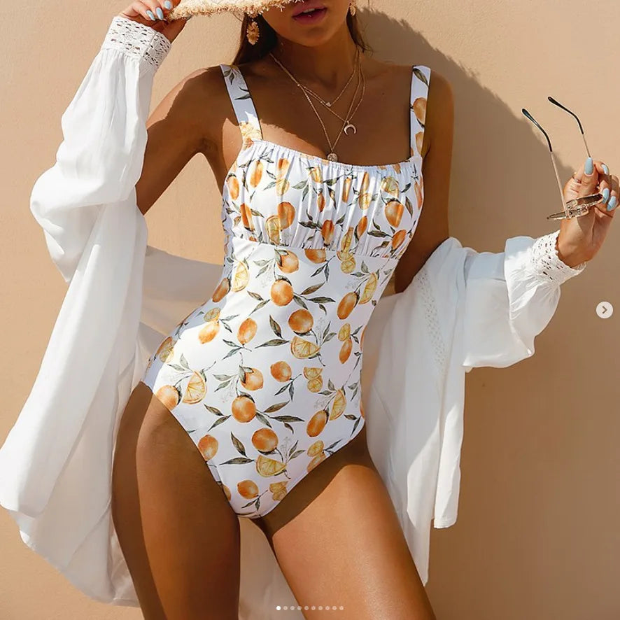 Fashion Floral Printing One-Piece Swimsuit Women Backless Sling Swimwear Female Plicated Beach Party Bodysuit