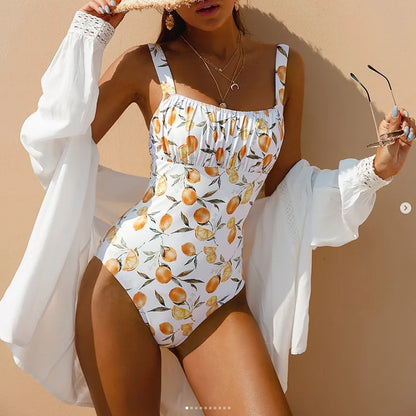 Fashion Floral Printing One-Piece Swimsuit Women Backless Sling Swimwear Female Plicated Beach Party Bodysuit