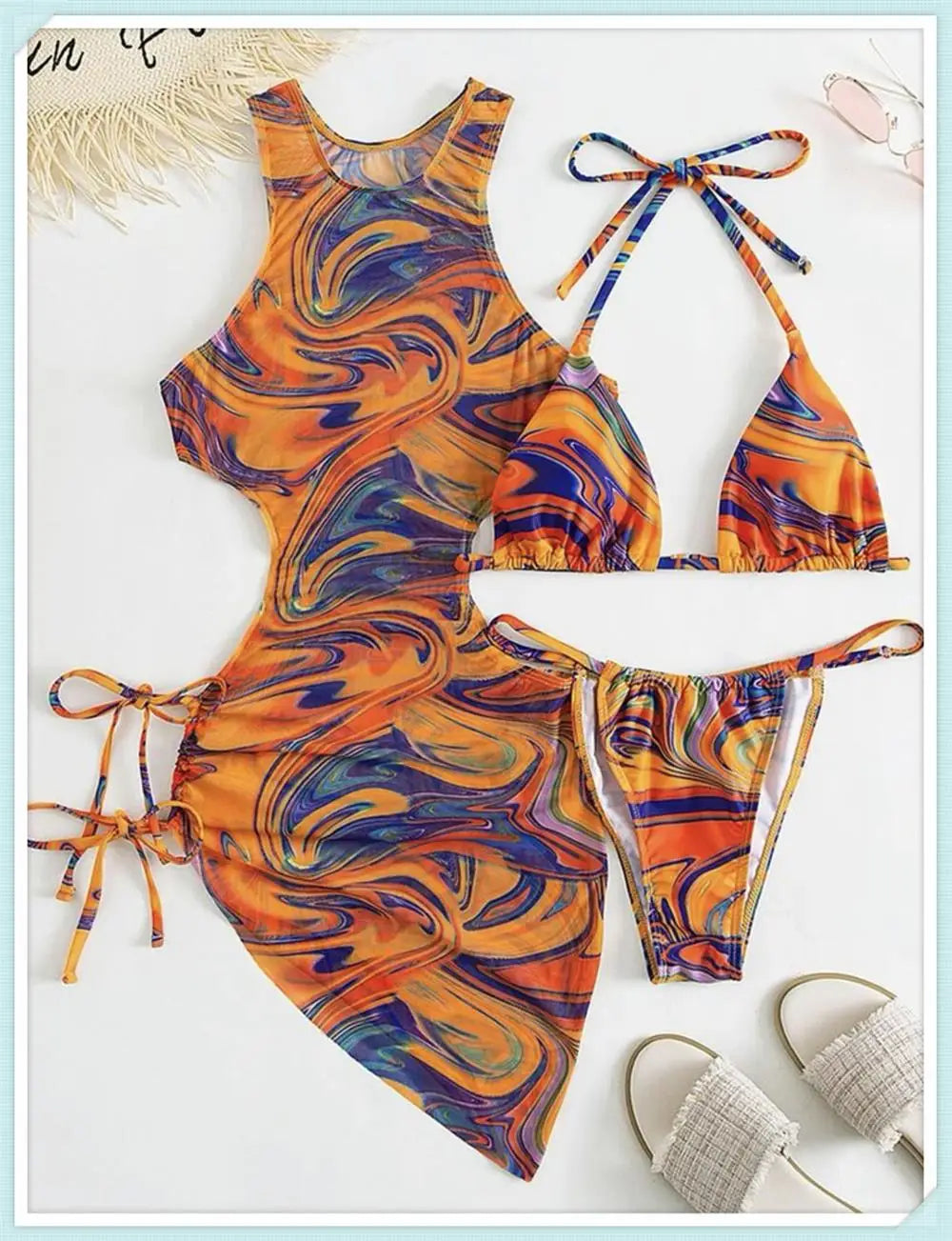 3 Piece Print Halter Triangle Bikini Sets Women Cover Up Swimwear Summer Swimsuit Female Bathing Swimming Suit Beachwear