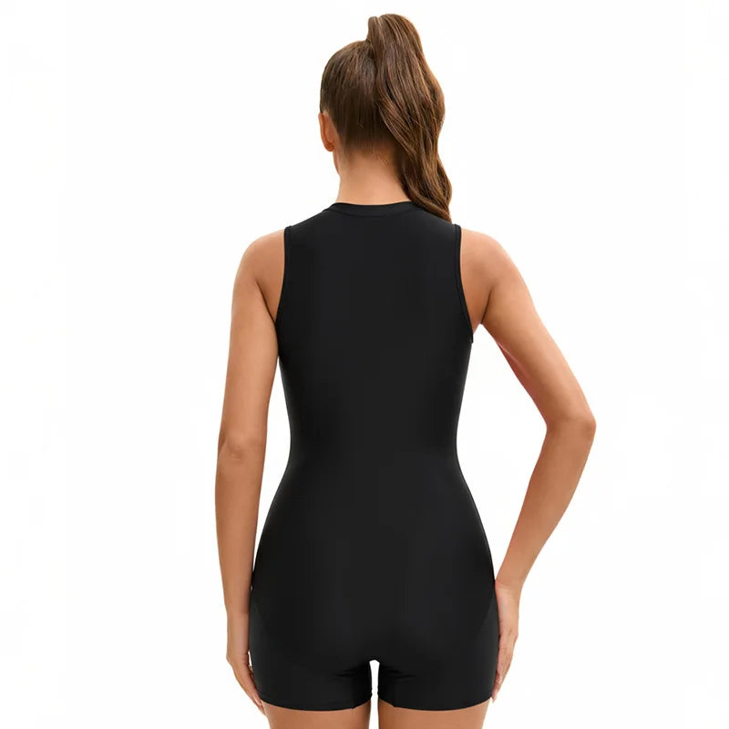 Women's Boyleg  Swimwear One Piece Rash Guard w Zip Front Sun Protection Short Sleeveless Full Body Surfing Swimsuit