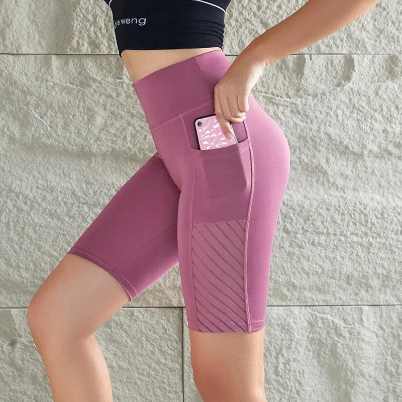 Women Mesh Shorts with Pocket Seamless Slim Leggings Gym Workout Sports Shorts Stretchy High Waist Butt Lifting Yoga Leggings