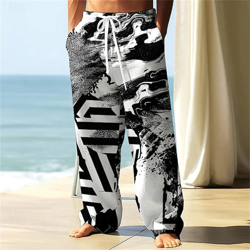 Stylish Men's Casual Pants Retro Classic Print Casual Pants Beach Wide-Leg Pants Streetwear Loose-Fit Athletic Pants