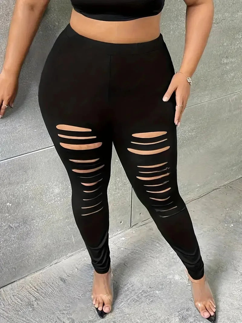GIBSIE Plus Size Fashion Black Ripped Leggings For Women Spring Summer Street Casual Mid Waisted Stretch Slim Pencil Pants