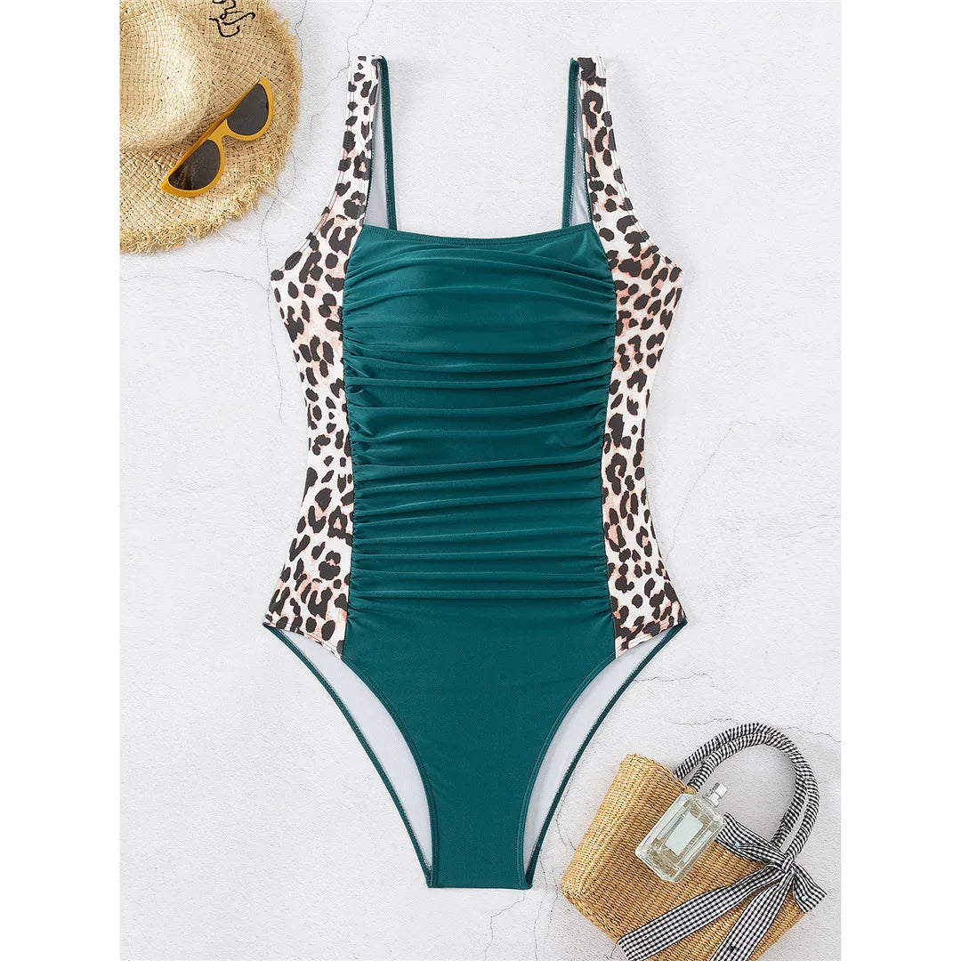 S - XXL 8 Colors Leopard Splicing Women Swimwear One Piece Swimsuit Female Wrinkled High Leg Cut Bather Bathing Suit Swim