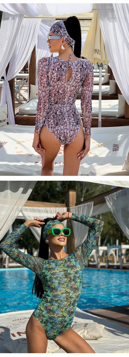 Mesh High Waist Swimsuit Women Summer Bathing Suit Bikini Set Long Sleeve Swimwear Beach Swimming Suit For Female
