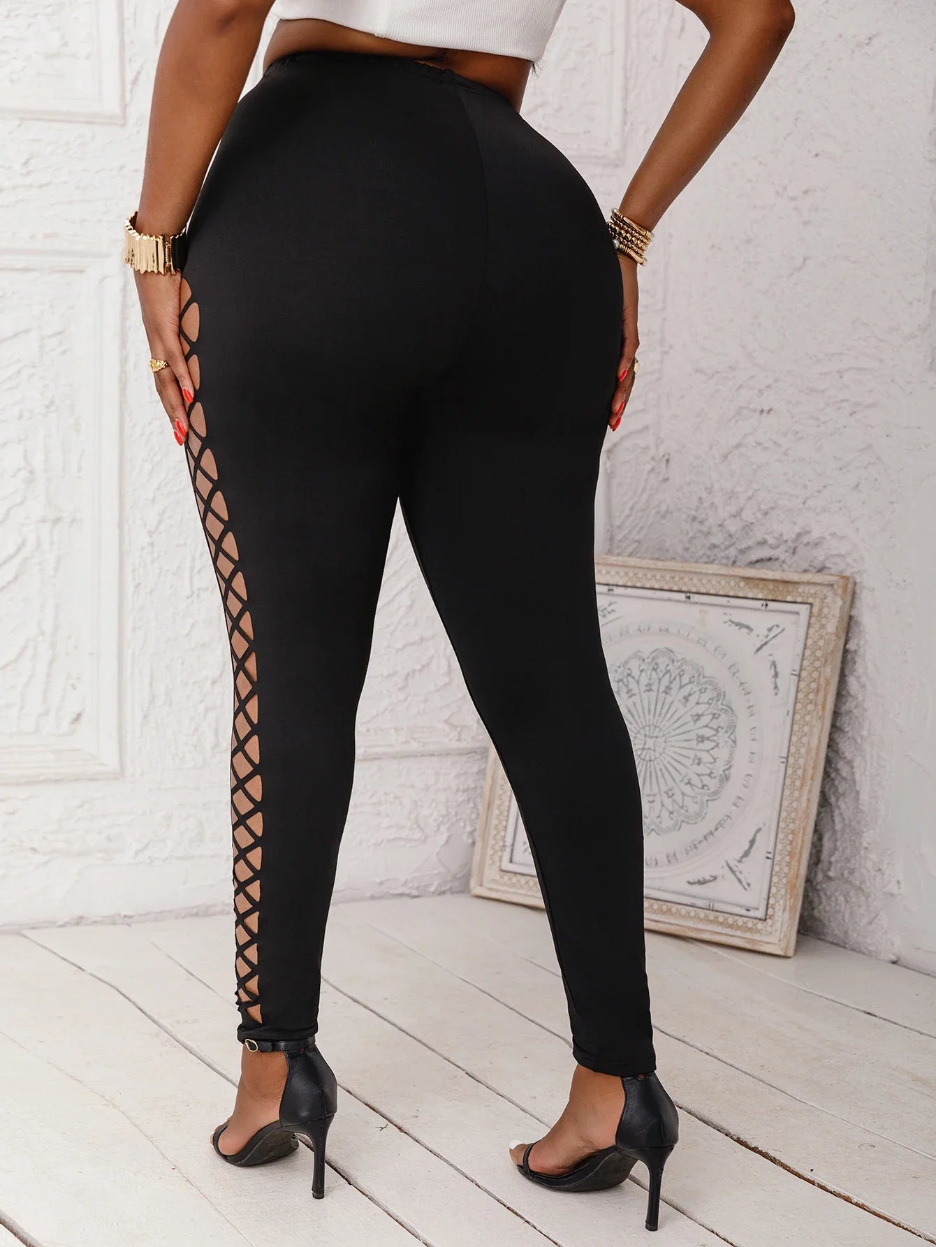 Women's Plus Size Mid-Waist Leggings Faux Cut-Out Grid Pattern Stretch Knit Pants Comfortable Solid Color Basics Trousers