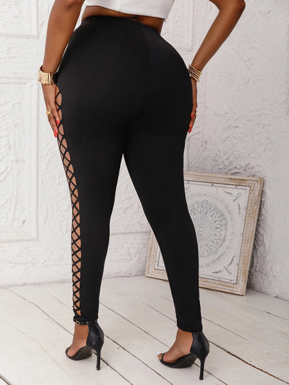 Women's Plus Size Mid-Waist Leggings Faux Cut-Out Grid Pattern Stretch Knit Pants Comfortable Solid Color Basics Trousers