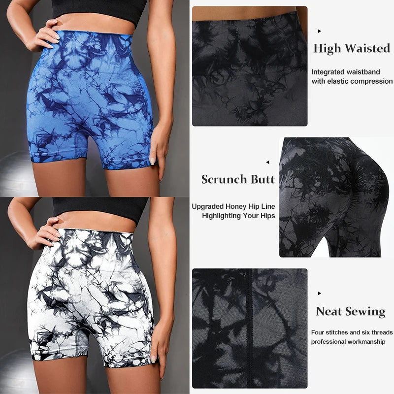 High Waisted Tie Dyeing Yoga Shorts Women's Scrunch Butt Seamless Leggings Quick Drying Athletic Workout Gym Bottoms