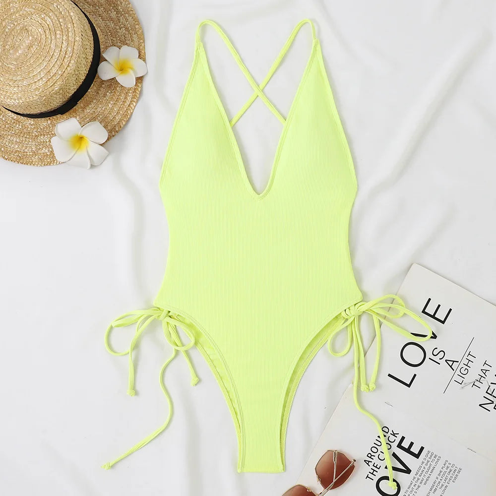 Solid Swimwear Women Strapped Push Up One Piece Swimsuit Beach Lady Monokini Cross Backless Bathing Suit