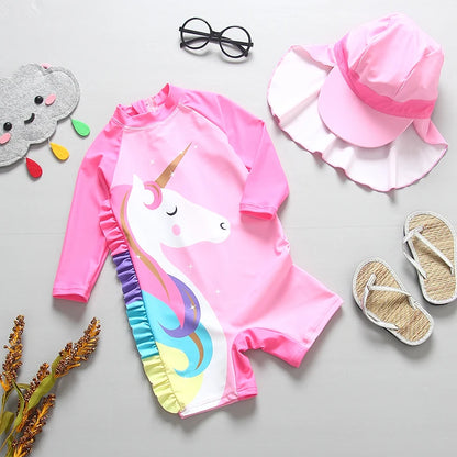 Baby Swimsuit UPF50 UV Protection Kids Swimwear for Girls Long Sleeve Bathing Suit Toddler One-Piece Cartoon Infant Beachwear