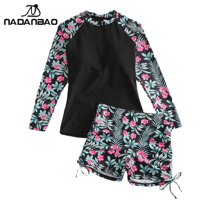 Long Sleeve Sun Protection Surf Suit Women Floral Print Beach Party Swimwear Female Swimming Trunks Bathing Suit