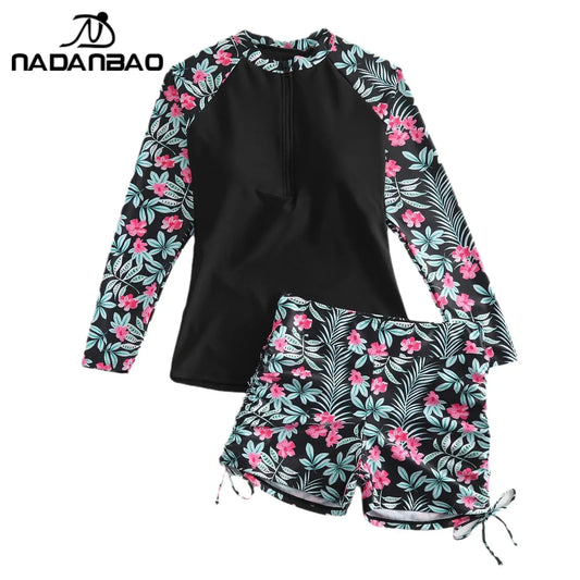 Long Sleeve Sun Protection Surf Suit Women Floral Print Beach Party Swimwear Female Swimming Trunks Bathing Suit