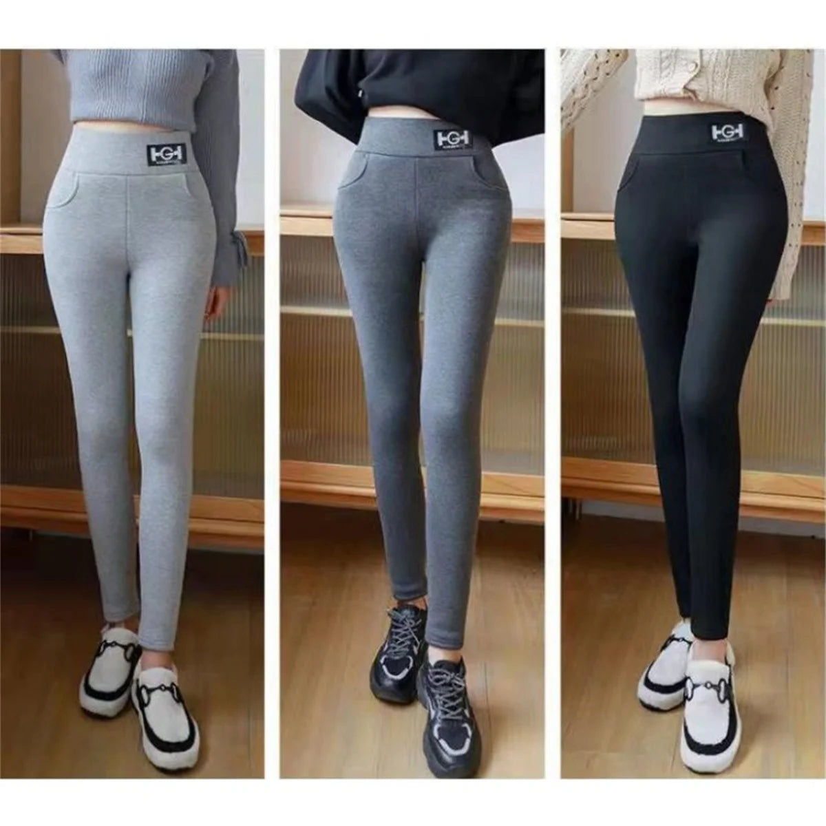 Winter Women Leggings Solid Warm Leggings Thicken Lamb wool Hight Waist Fleece Keep Butt Lift High Stretchy Walking Pants Pocket