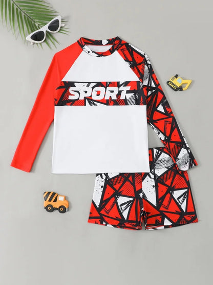 Boy Kids Swimsuit Red Print Long Sleeves Children Swimwear Summer Two Piece Shorts Beachwear Bathing Suit For Swimming