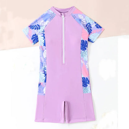 Kids Girls One Piece Swimsuit Short Sleeve Swimwear Boyleg Sports Rash guard Shorty Children Surfing Suits 7-12 Years Jumpsuit
