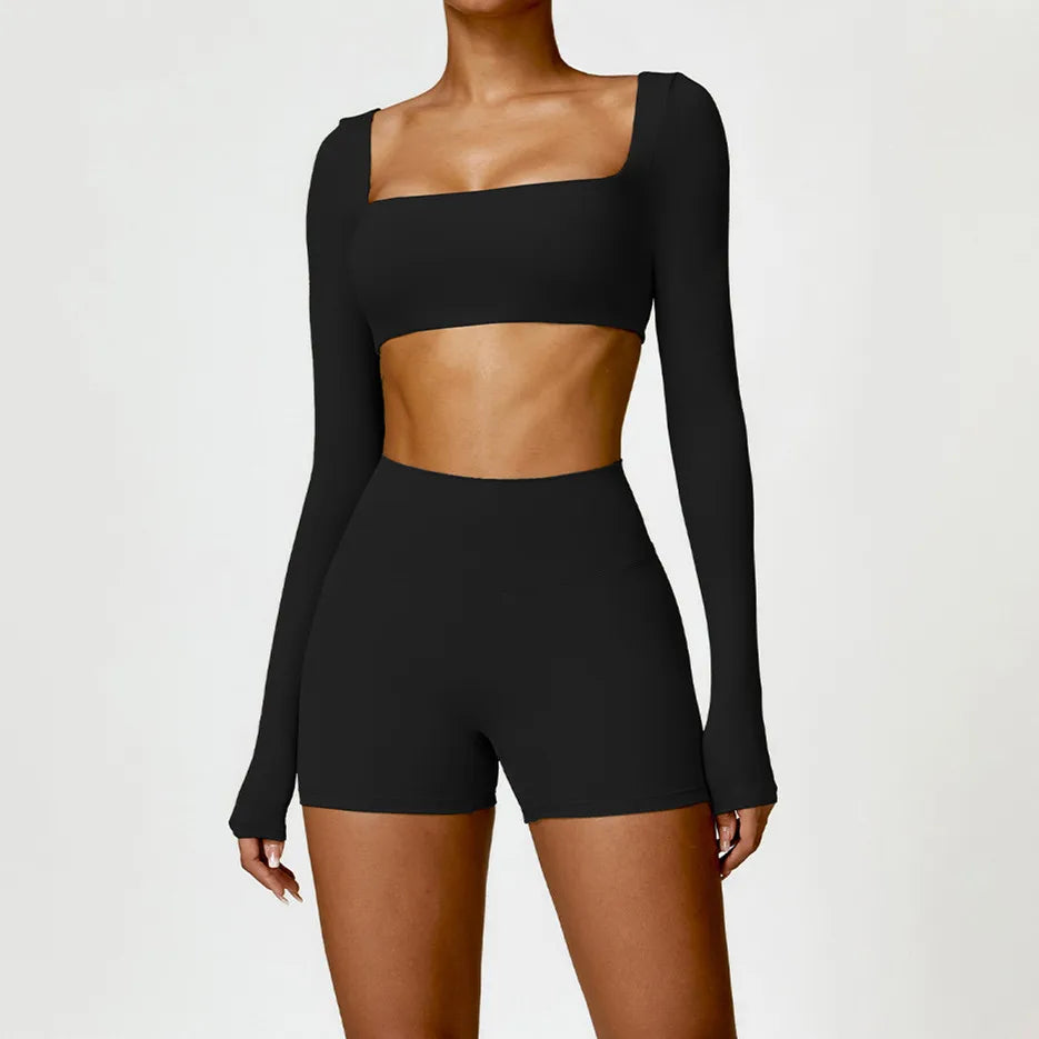Yoga Clothes 2PCS Gym Set Sports Shorts Set Women Long Sleeved High Waist Shorts Fitness Suit Running Workout Tracksuit