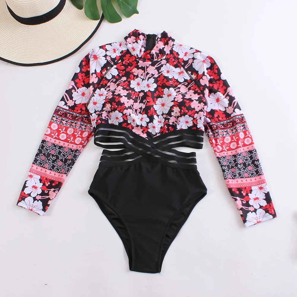 Long Sleeves Monokini Cut Out Swimwear Women One Piece Swimsuit Patchwork Bathing Suit Female Bodysuit  Surfing Suit