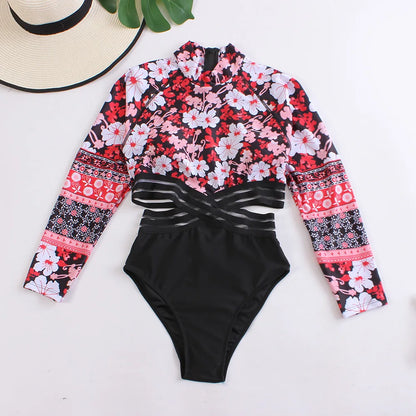 Long Sleeves Monokini Cut Out Swimwear Women One Piece Swimsuit Patchwork Bathing Suit Female Bodysuit  Surfing Suit