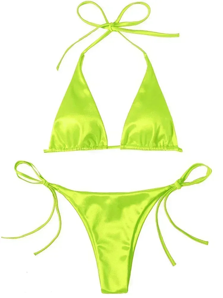 Wrap Around Halter Metallic Satin Bikini Women Swimwear Female Swimsuit Two-pieces Bikini Set Brazilian Bathing Suit Swim Lady