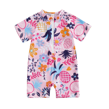 0-3Years Baby Boy Girl Rash Guard Swimsuits Fashion Print Short Sleeve Zip Up Rompers Bathing Suit Toddlers Swimwears Beachwear