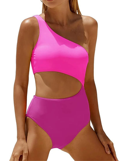 One Shoulder Solid One Piece Swimsuit Women Color Block Hollow Swimwear Female Bathers Bathing Swim Suit Padded Beachwear