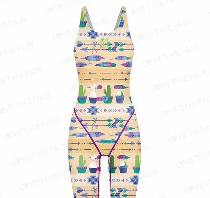 Love The Pain Women Racer Back Bodysuit Knee Length Swimsuit Professional Sports Training Swimwear Backless Athletic Swimsuit