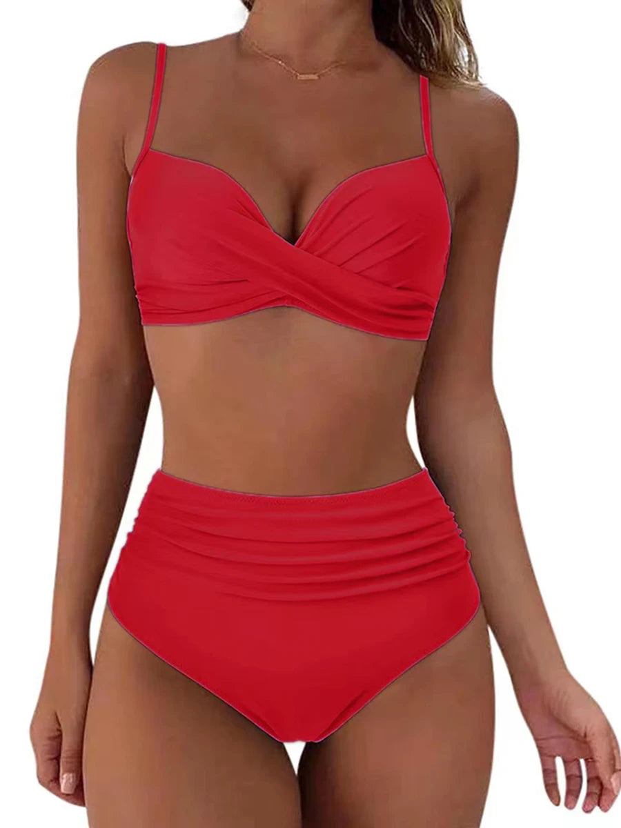 Cross Frill Bikinis Women Swimwear Print Sexy High Waist Swimsuit Female Beachwear Bathers Bathing Swimming Swim Suit