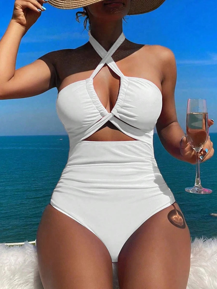 Solid Swimsuit Women One Piece Halter Swimwear Female Bathers Bathing Swimming Swim Suit Summer Beachwear