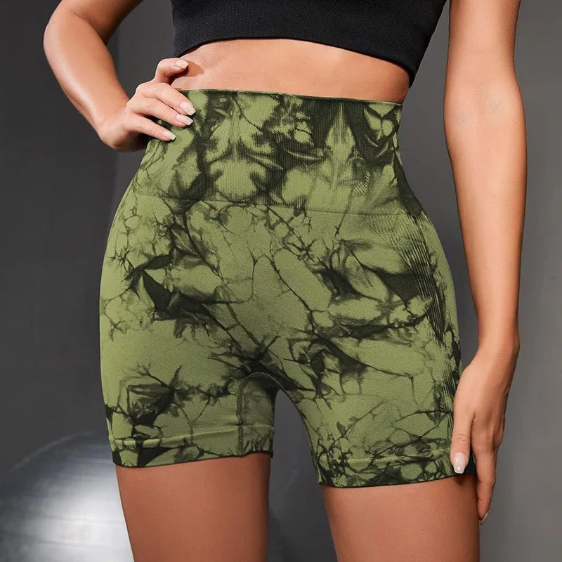 High Waisted Tie Dyeing Yoga Shorts Women's Scrunch Butt Seamless Leggings Quick Drying Athletic Workout Gym Bottoms