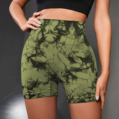 High Waisted Tie Dyeing Yoga Shorts Women's Scrunch Butt Seamless Leggings Quick Drying Athletic Workout Gym Bottoms