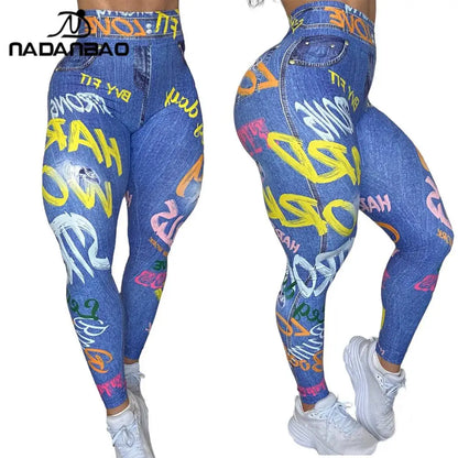 Women Semales Slim Legging Imitation Denim Printed High Waist Yoga Pants