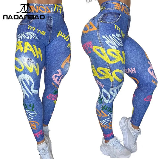Women Semales Slim Legging Imitation Denim Printed High Waist Yoga Pants