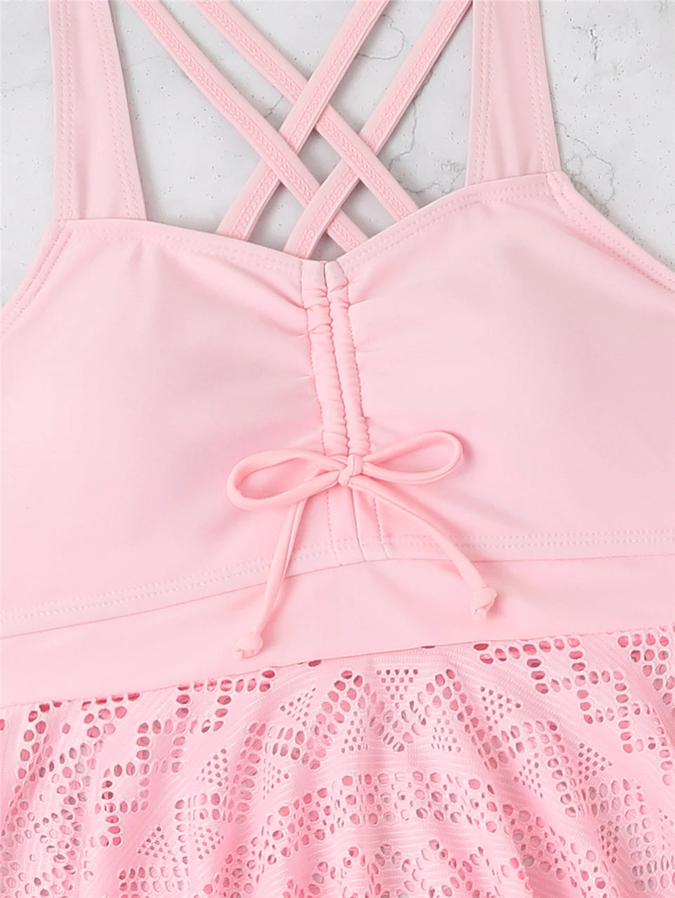 2 Pieces Front Drawstring Swimwear Women Hollow Out Swimsuit Beach Skirt Solid Tankini Female Bathers Swimming Beach Wear