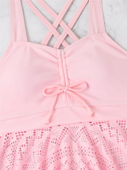 2 Pieces Front Drawstring Swimwear Women Hollow Out Swimsuit Beach Skirt Solid Tankini Female Bathers Swimming Beach Wear