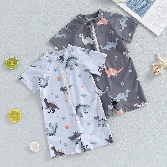 Baby Boy's Dinosaur Swimsuit Round Neck Half Zip Up Short Sleeve Rash Guard Swimwear Infant Toddler Bathing Suit 0-3T