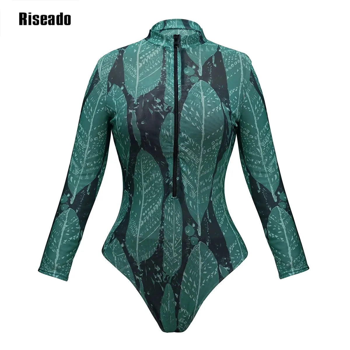 Women's Mesh Beach Suit Printed High Waist Surfing One Piece Swimsuit with Long Sleeves Large Size
