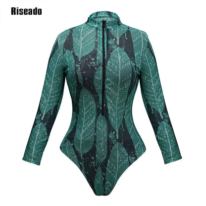 Women's Mesh Beach Suit Printed High Waist Surfing One Piece Swimsuit with Long Sleeves Large Size
