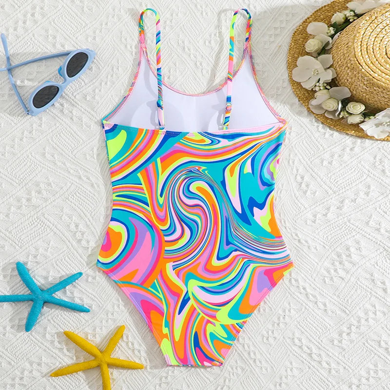Girls Swimsuits Children Fashion One-piece Costume 8-12Y Kids Summer Pool Swimming Clothing Print Swimwear