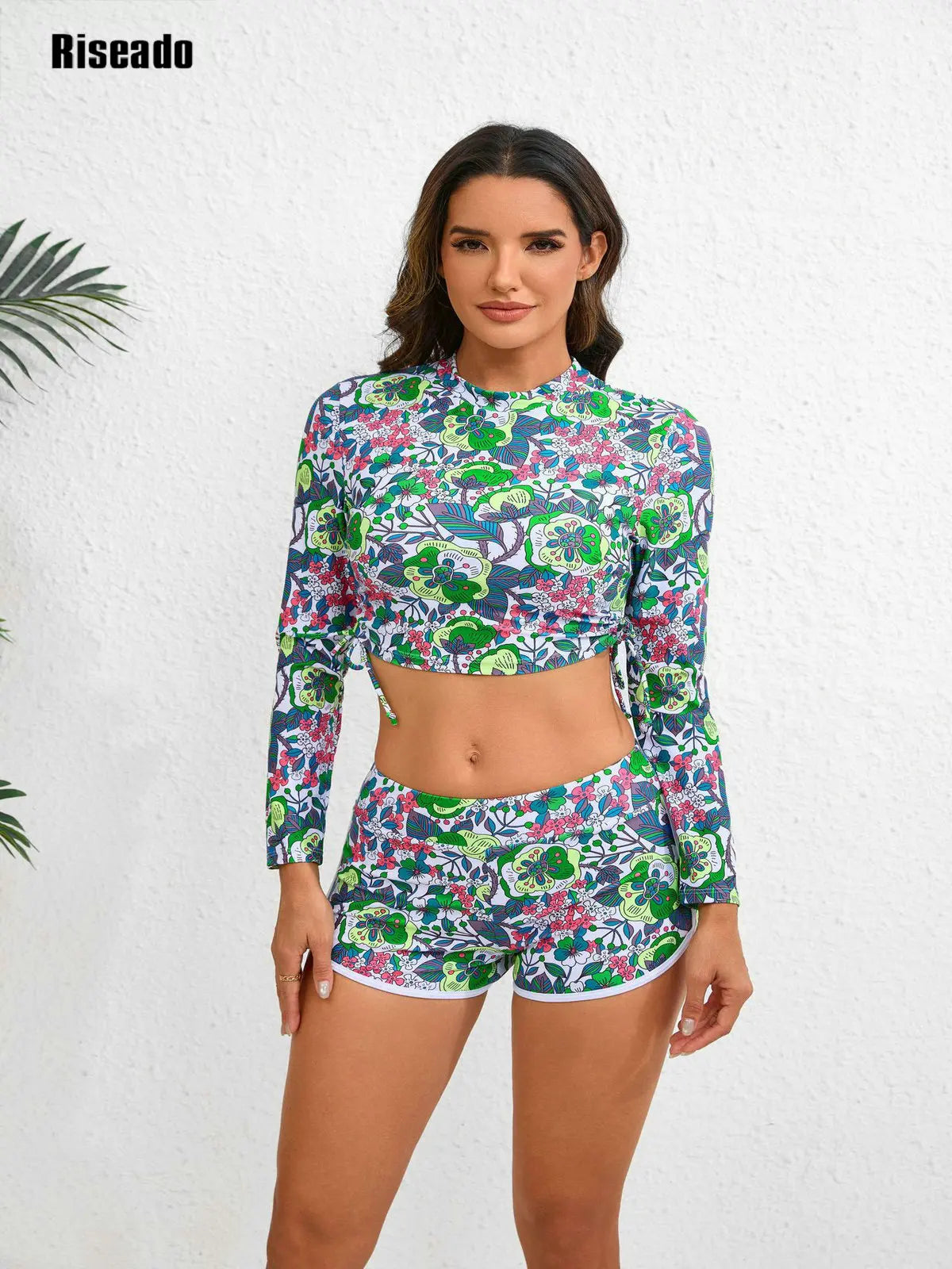 Women's Fashion Pattern Long Sleeve Tankini Sets UPF 50+ Rash Guard Swimsuit Sun Block Swimwear Floral Print