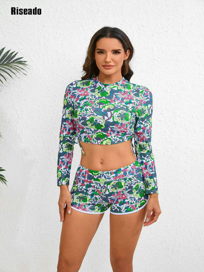 Women's Fashion Pattern Long Sleeve Tankini Sets UPF 50+ Rash Guard Swimsuit Sun Block Swimwear Floral Print