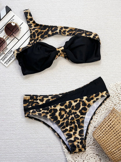Leopard Print Patchwork Swimwear Women Hollow Bikini Set Push Up Lady Swimsuit Beach Brazilian Bathing Suit