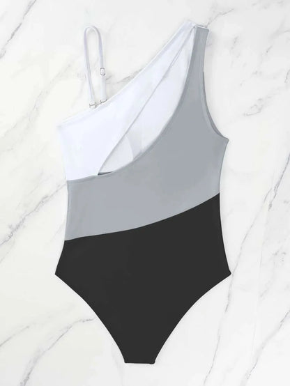 Colorblock Cut Out One Shoulder Swimsuit One Piece Swimwear Women Bather Bathing Swimming Swim Suit Female Beachwear