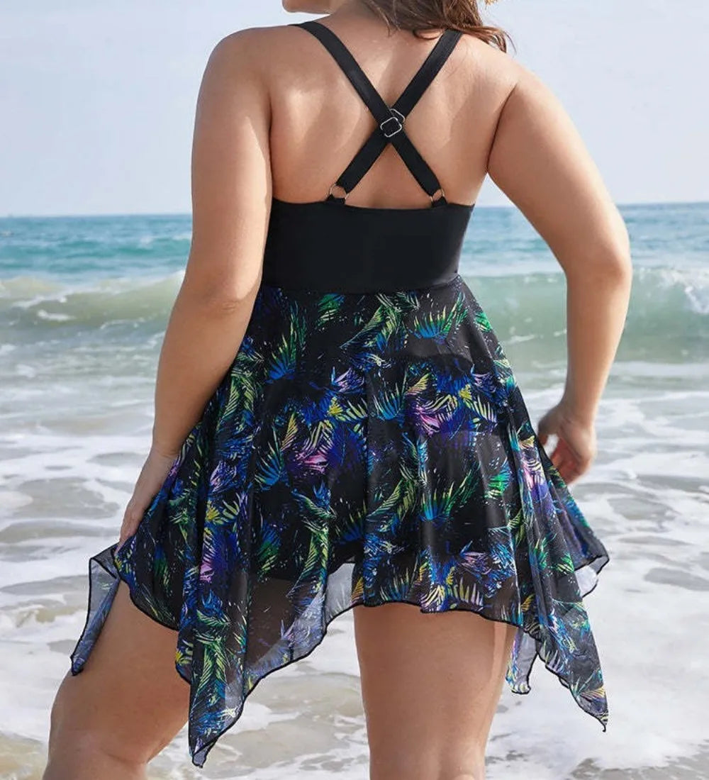 Tankini Women's Print Plus Size Swimsuit Backless Two Piece Swimwear Cross Tie Beachwear Transparent Skirt Bathing Suit