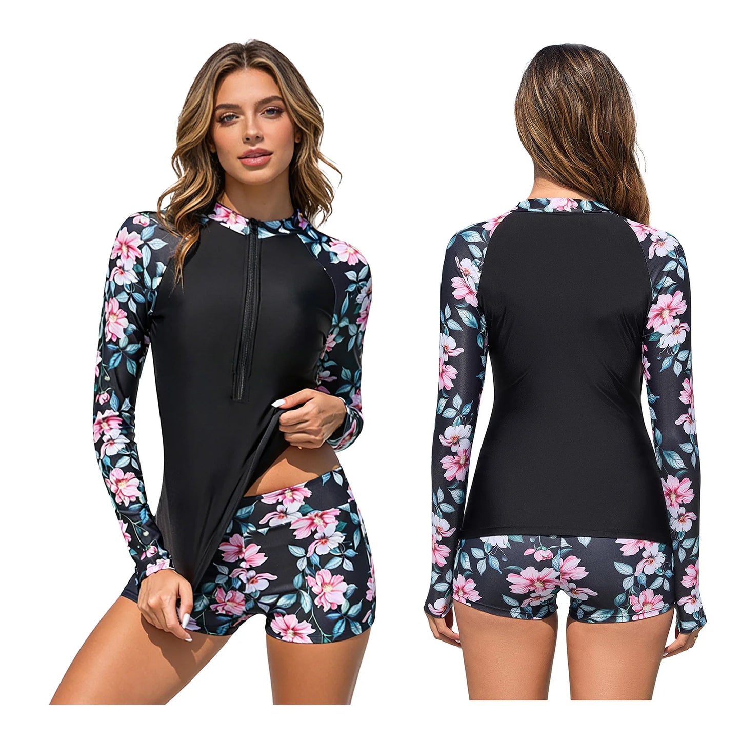 Women's Rash Guard Swimsuit Two Pieces Swimwear Floral Print Long Sleeve Half Zipper Top with Short Bathing Suit Swim Outfit
