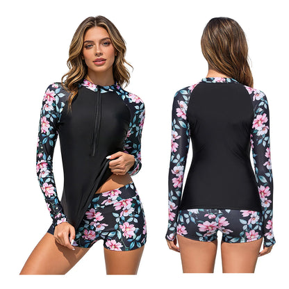 Women's Rash Guard Swimsuit Two Pieces Swimwear Floral Print Long Sleeve Half Zipper Top with Short Bathing Suit Swim Outfit